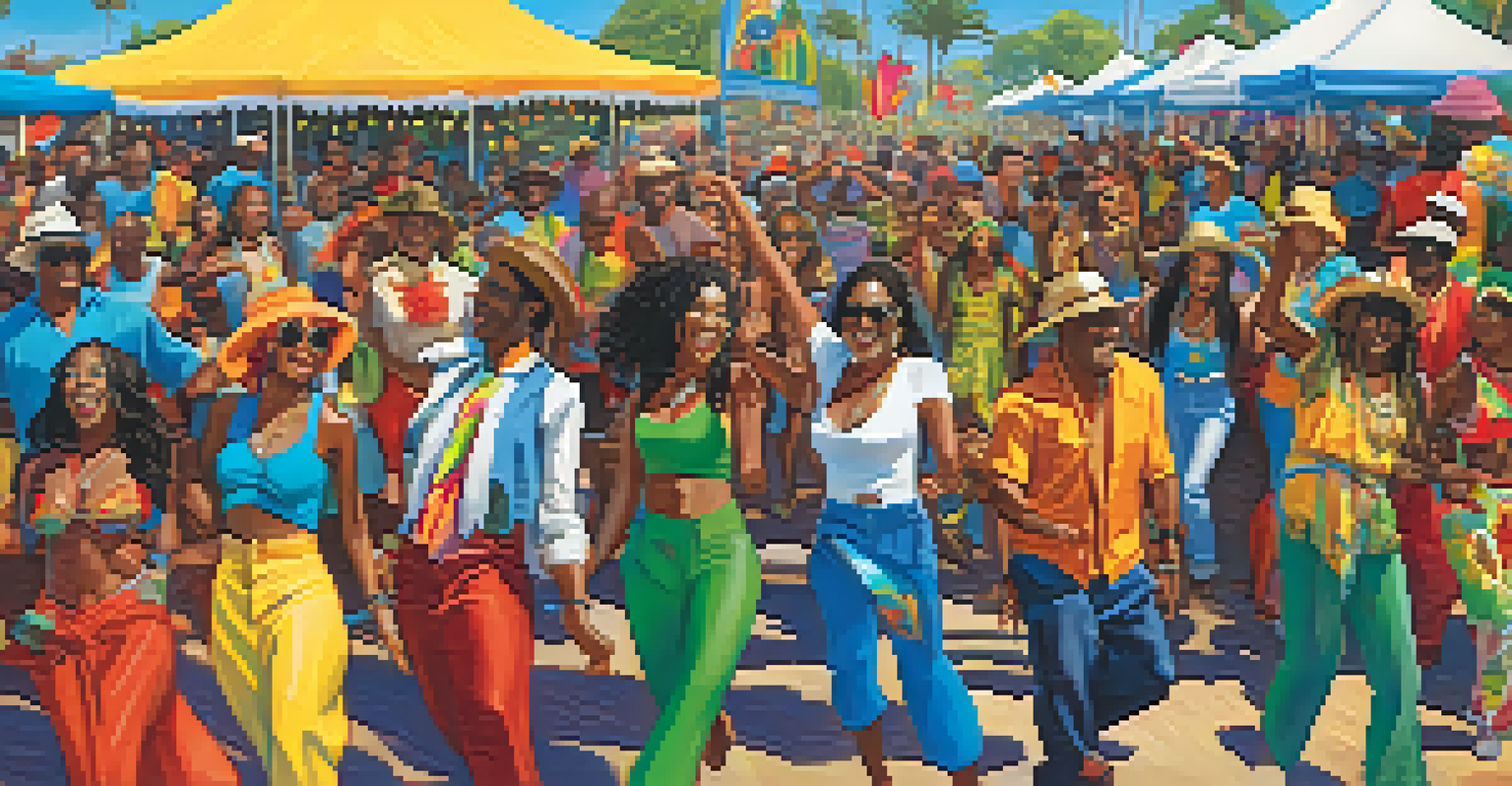 A colorful reggae festival with performers on stage and a joyful crowd dressed in vibrant outfits, enjoying food and dancing.