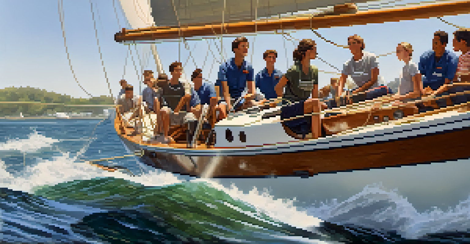 A sailing instructor teaching safety protocols to students on a sailboat, surrounded by blue ocean and sunlight filtering through the sails.