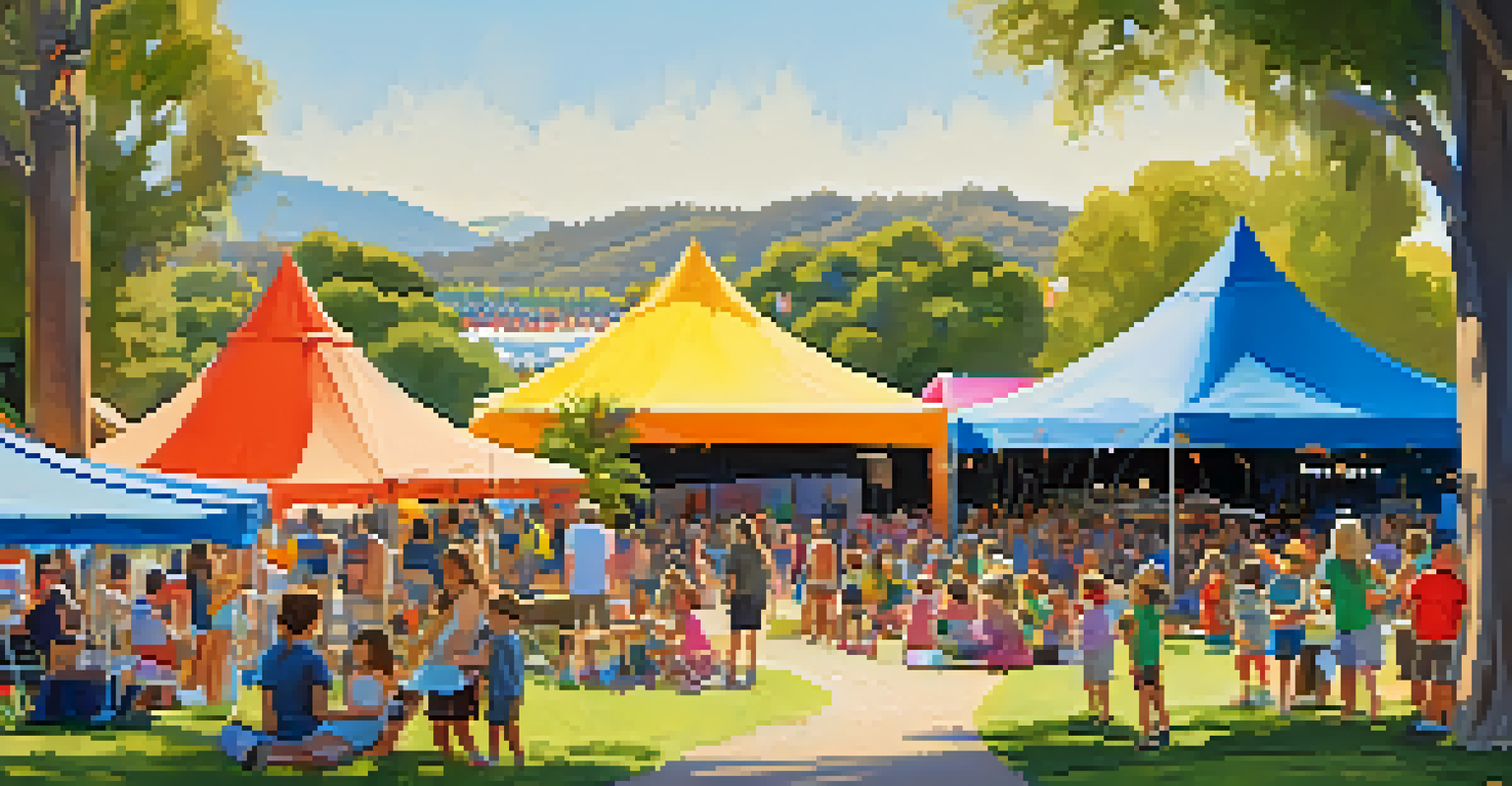 A family-friendly music festival with children engaging in arts and crafts, a stage in the background, and families enjoying the sunny park atmosphere.