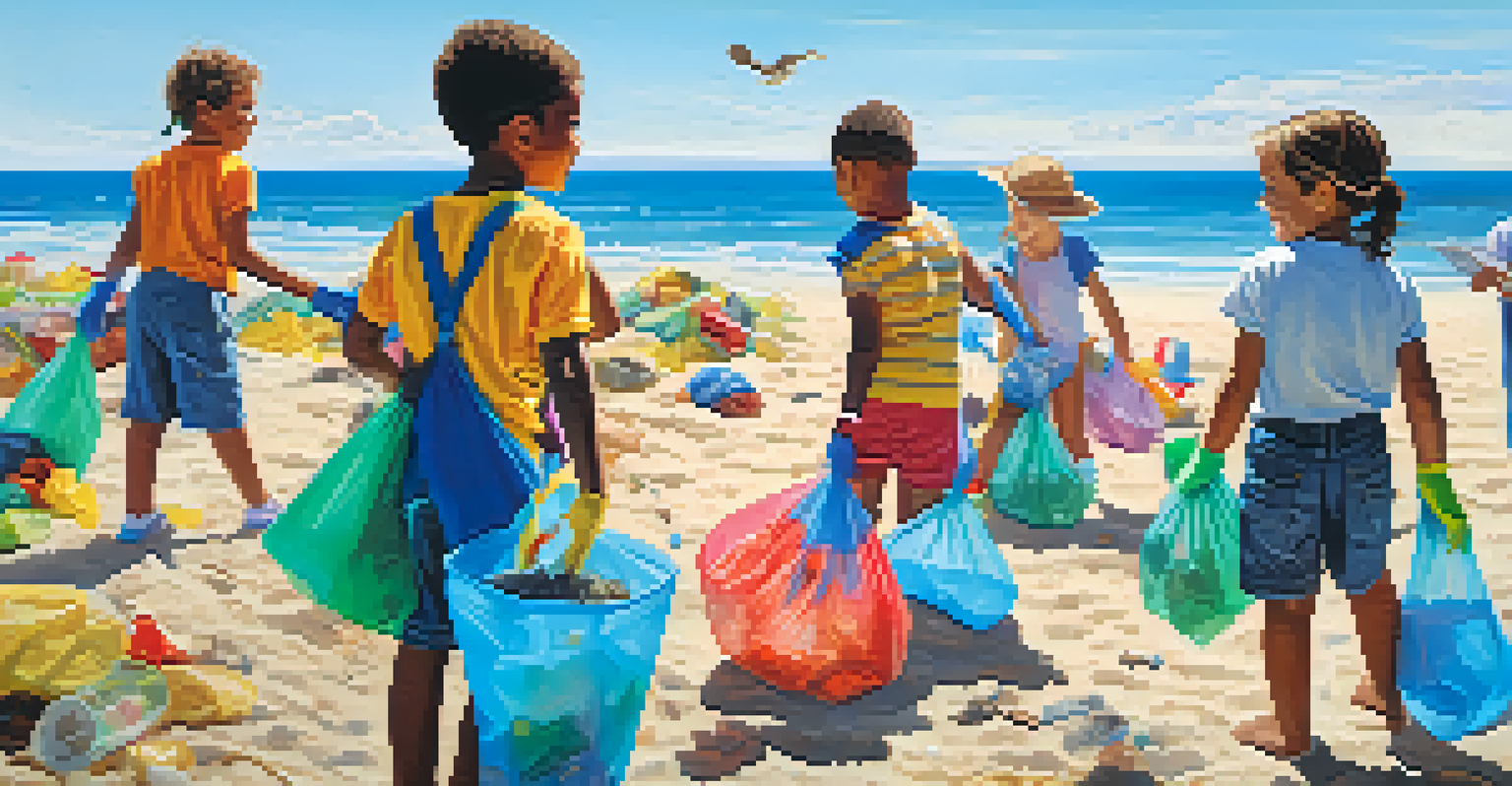 Children participating in a beach clean-up, smiling and working together with bags of trash on a sunny beach.