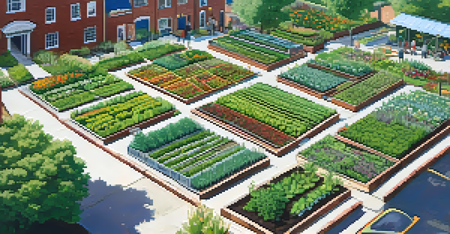 Aerial view of a structured community garden with sections for vegetables, herbs, and flowers, showing organization and teamwork.