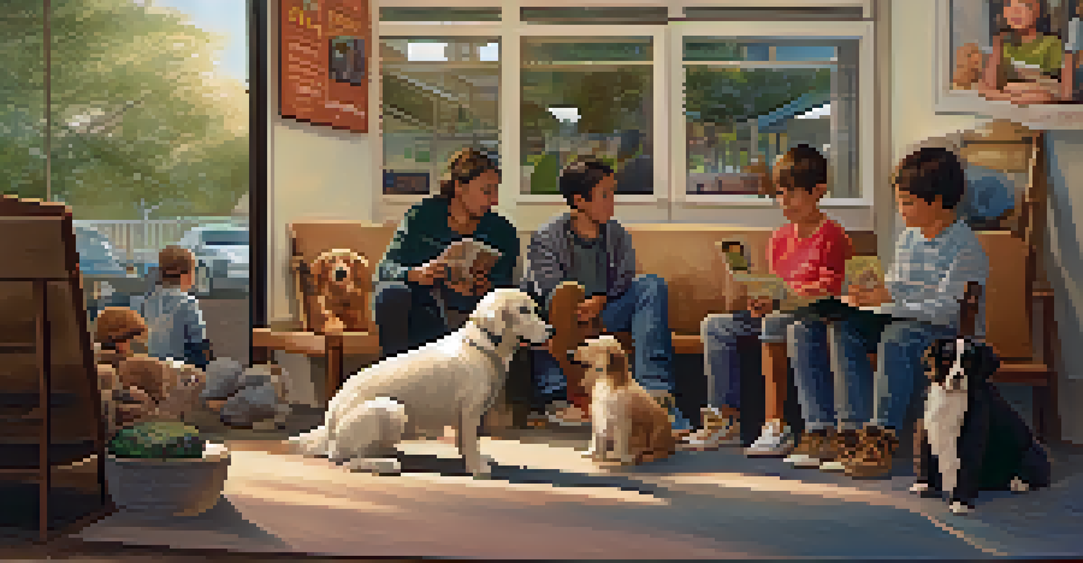 Children interacting with a calm dog in a cozy corner of a pet adoption event, with informational materials visible.