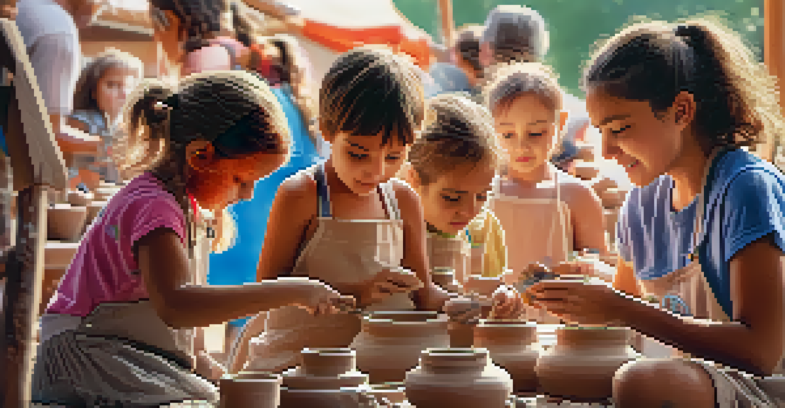 A family enjoying a pottery workshop, with children shaping clay and an instructor assisting them.