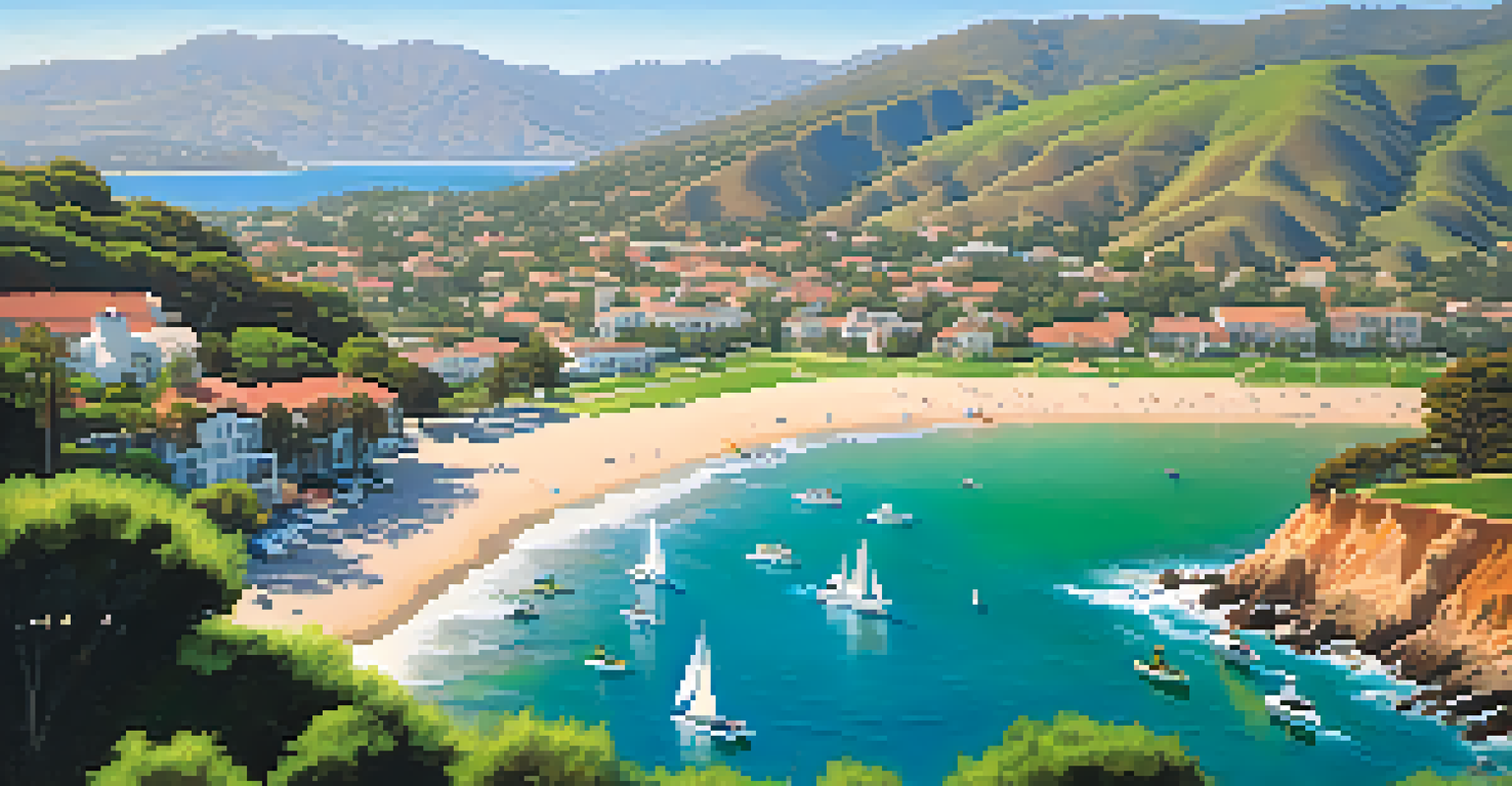 Aerial view of Santa Barbara's coastline with clear blue waters, divers entering the water from a boat, and sunny skies.