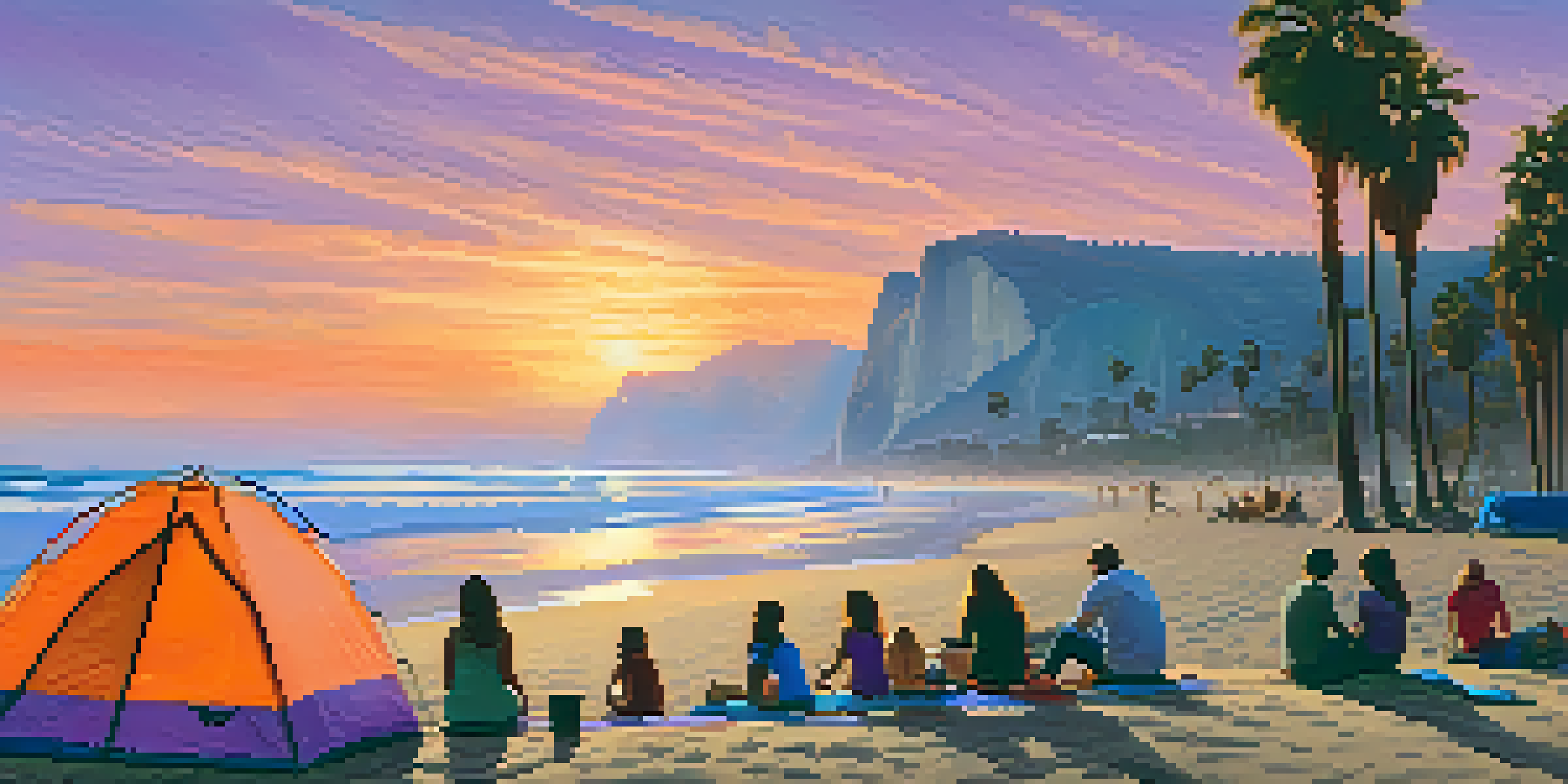 A sunset view of El Capitán State Beach with palm trees and families enjoying a picnic on the sand.