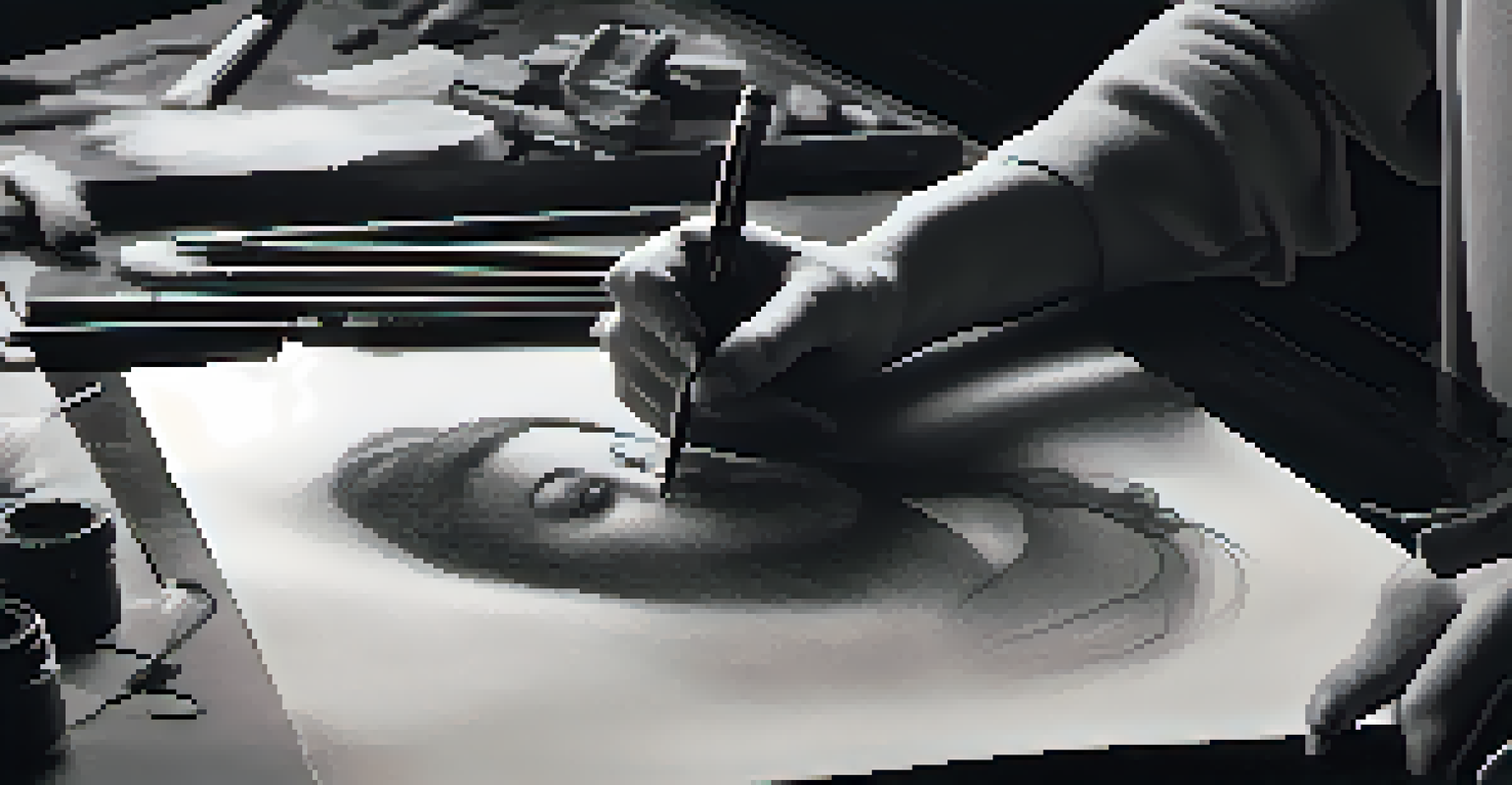 An artist's hands drawing a portrait with charcoal on textured paper, surrounded by art supplies.