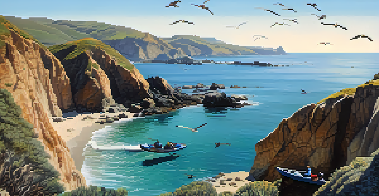 A wide view of Channel Islands National Park with sea lions on the rocks, seabirds in the sky, and kayakers in the water.
