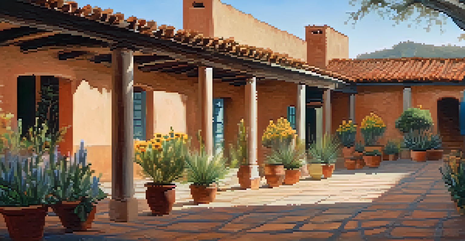 The interior courtyard of the Santa Barbara Presidio, showcasing adobe walls and families engaged in crafts and farming.