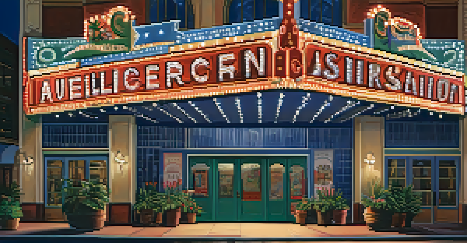 The exterior of a local theater at dusk, showcasing a vintage marquee and bright lights against a blue sky.