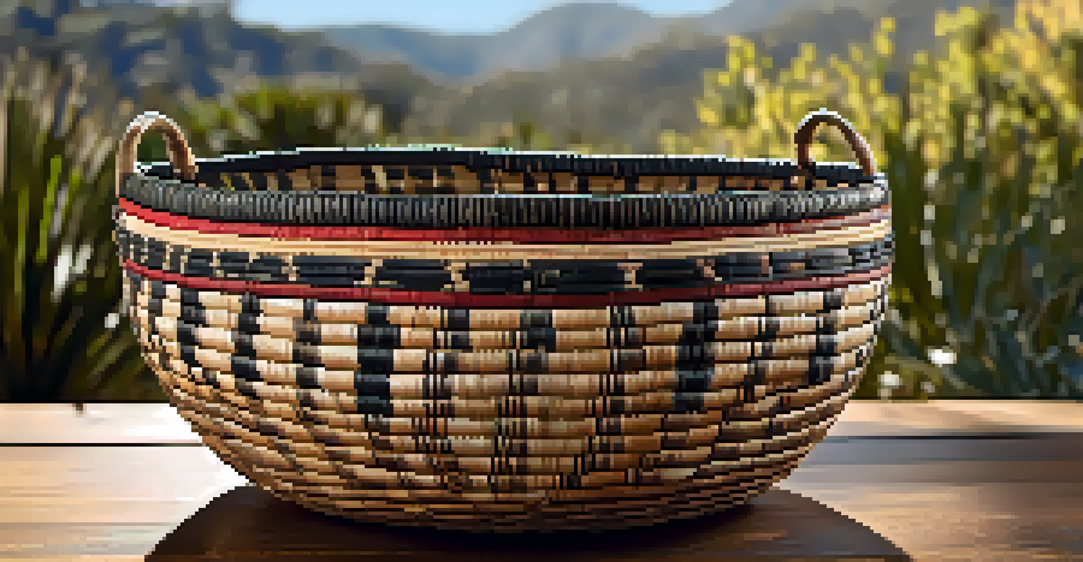 A detailed view of a Chumash woven basket, emphasizing its craftsmanship and natural materials.