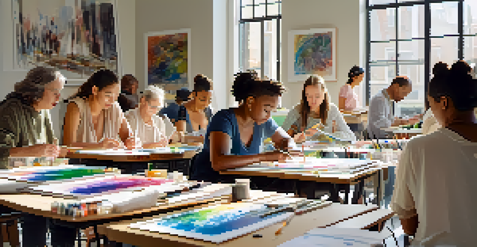 A group of adults participating in a drawing class, sharing ideas and drawing at easels in a bright studio.