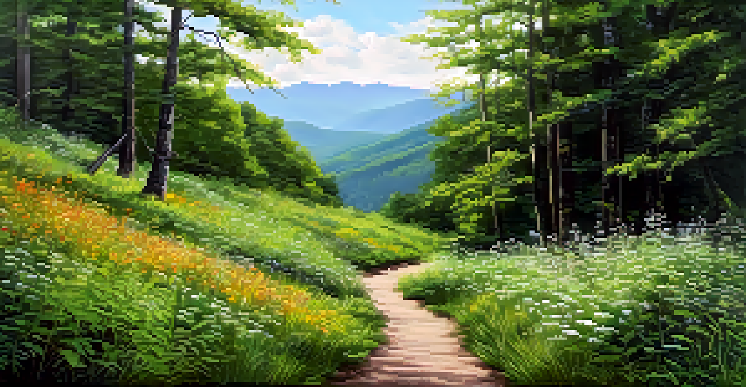 A family walking hand in hand on a hiking trail in the Great Smoky Mountains, surrounded by wildflowers and mountains.