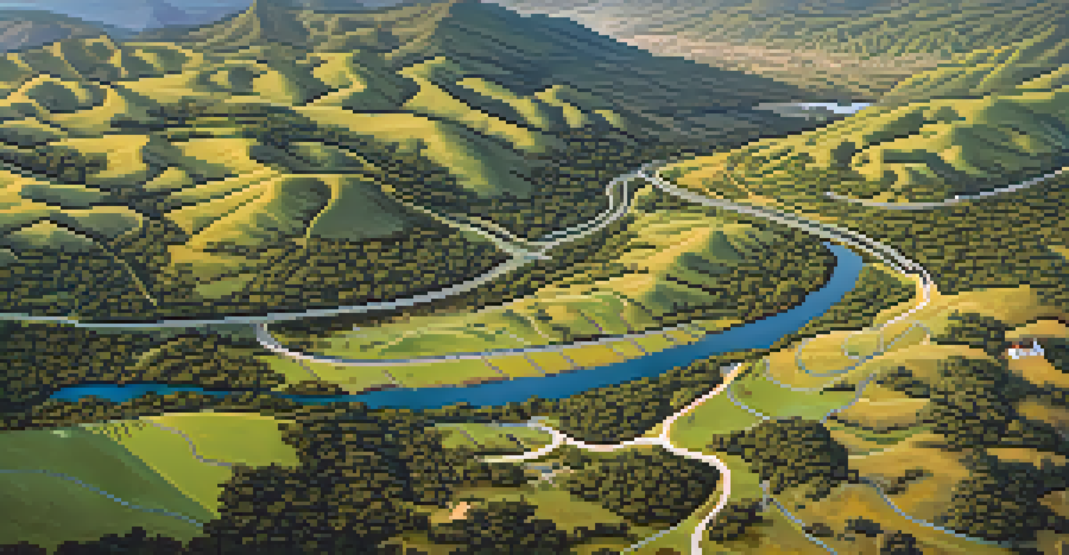 An aerial view of a wildlife corridor connecting mountains to the coast, showing various ecosystems and landscapes.