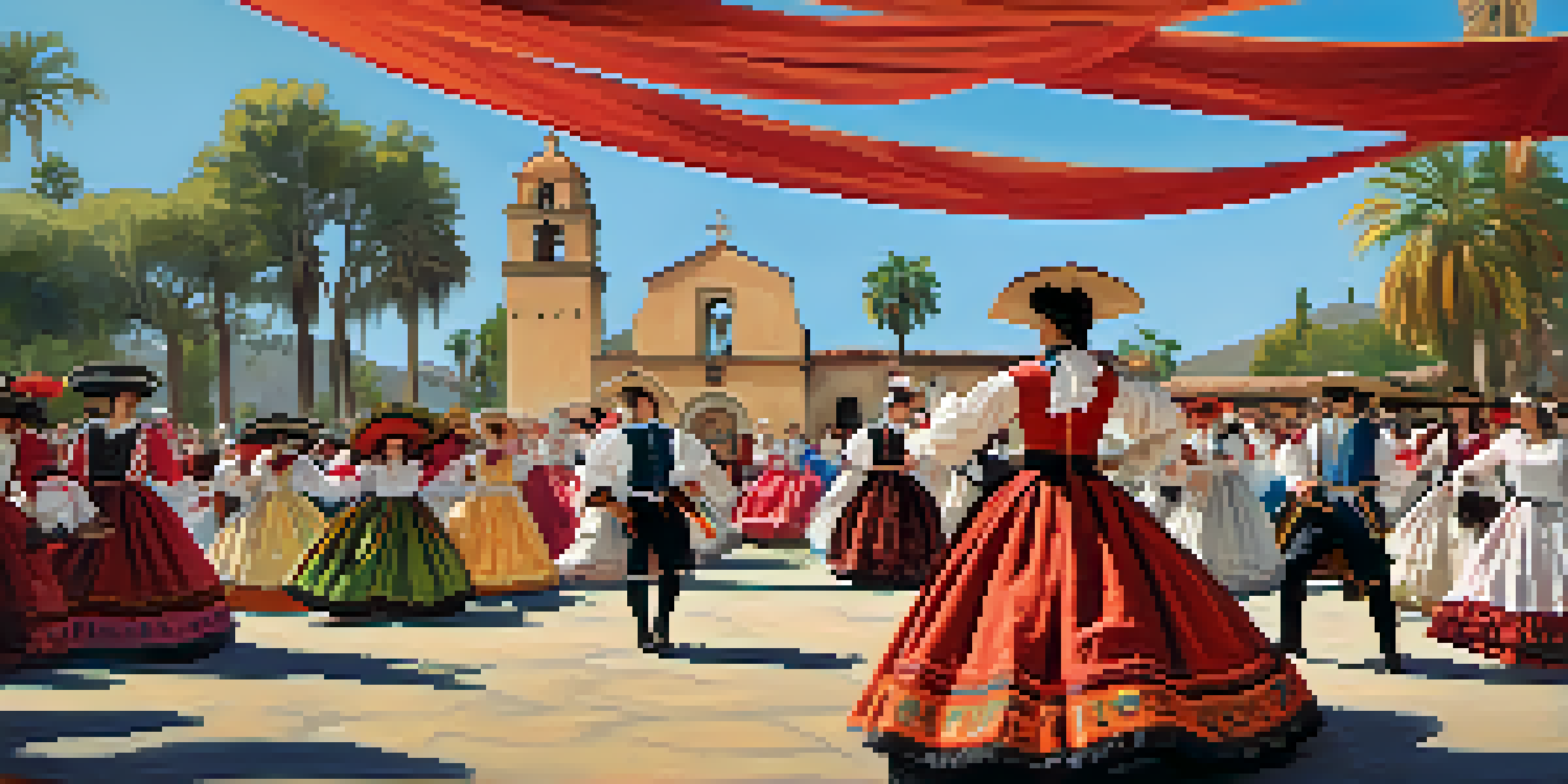 Participants in traditional 18th-century Spanish attire dancing in front of Mission Santa Barbara with a crowd watching.