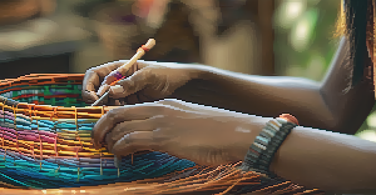 Close-up of hands weaving a colorful basket with vibrant fibers, showcasing concentration and craftsmanship.