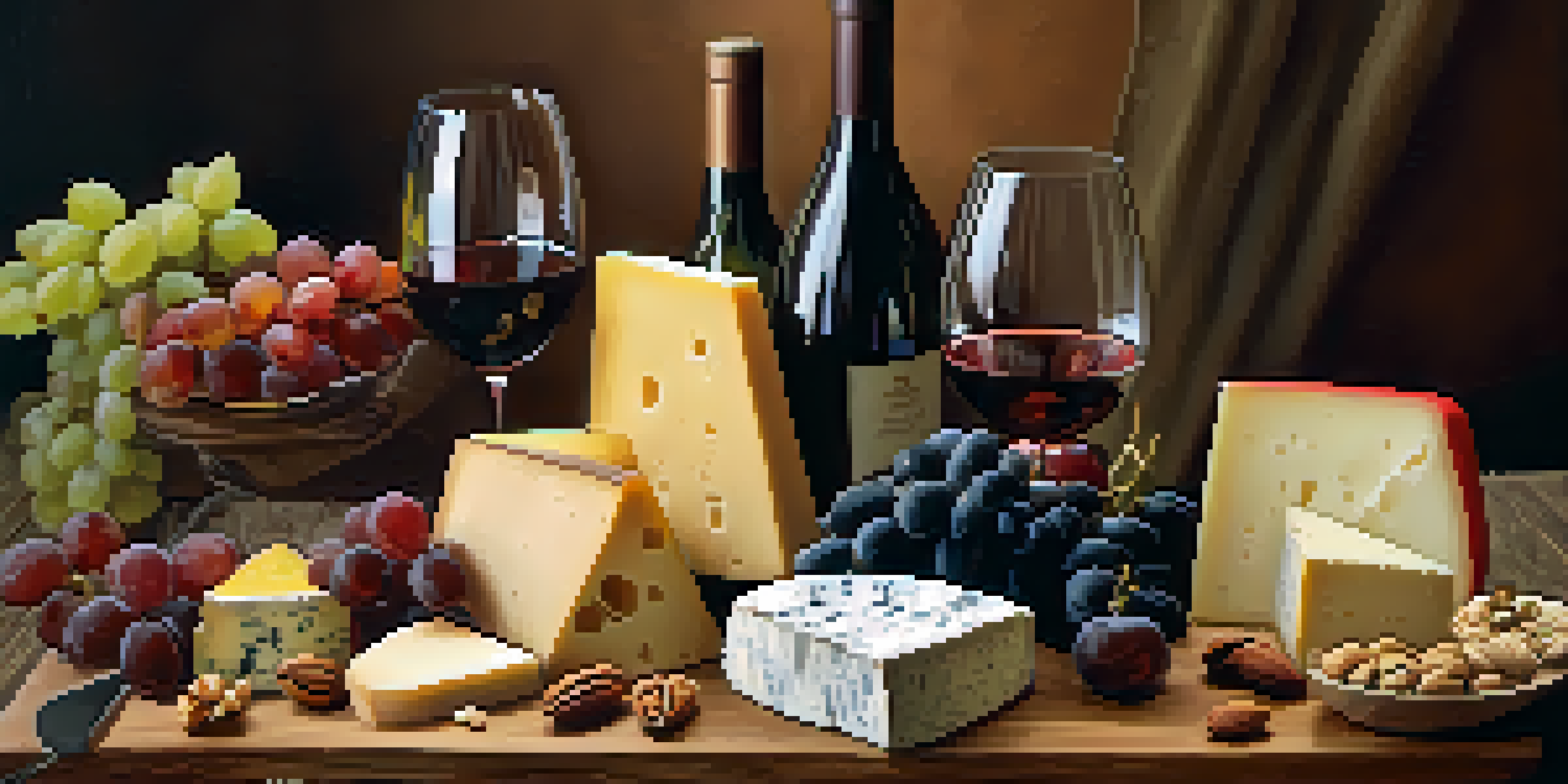 A wine and cheese board on a rustic wooden table, showcasing various cheeses, fruits, and wines in elegant glassware, illuminated by soft warm lighting.