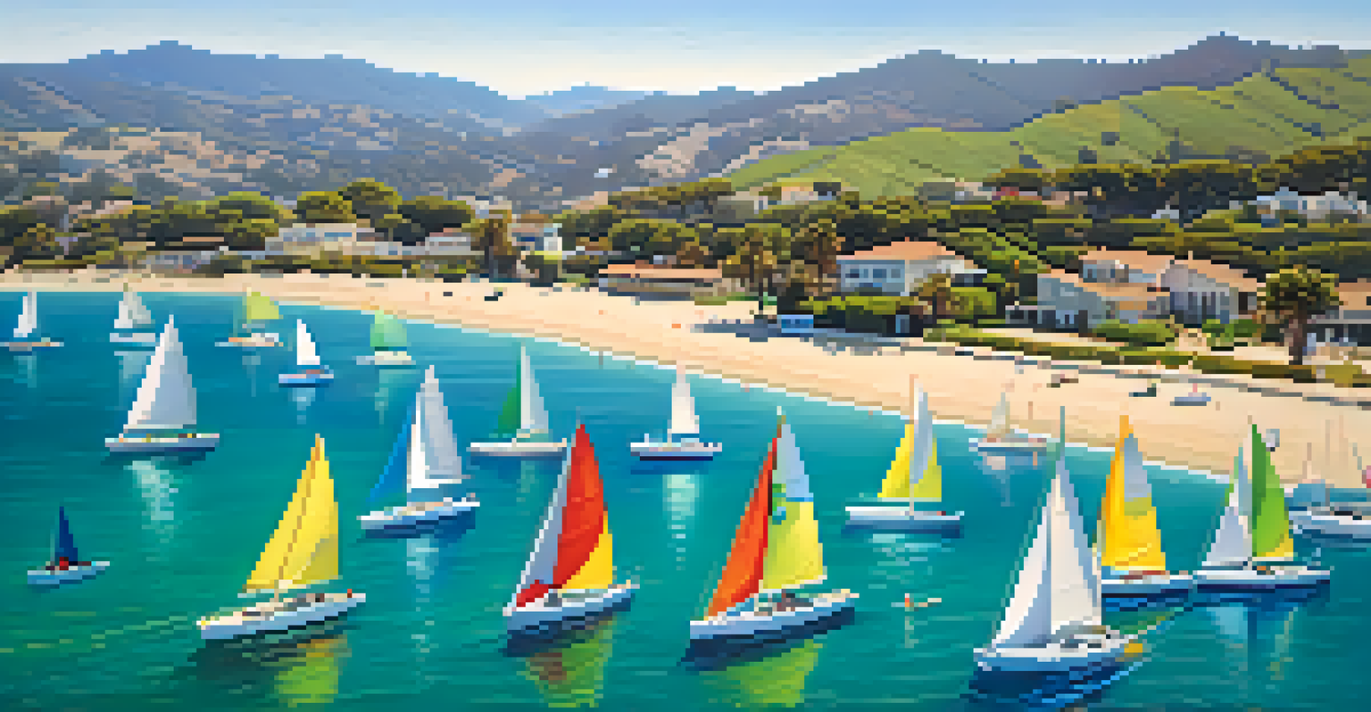 An aerial view of a sailing school in Santa Barbara with colorful sailboats, lush hills, and sandy beaches during a sailing lesson.