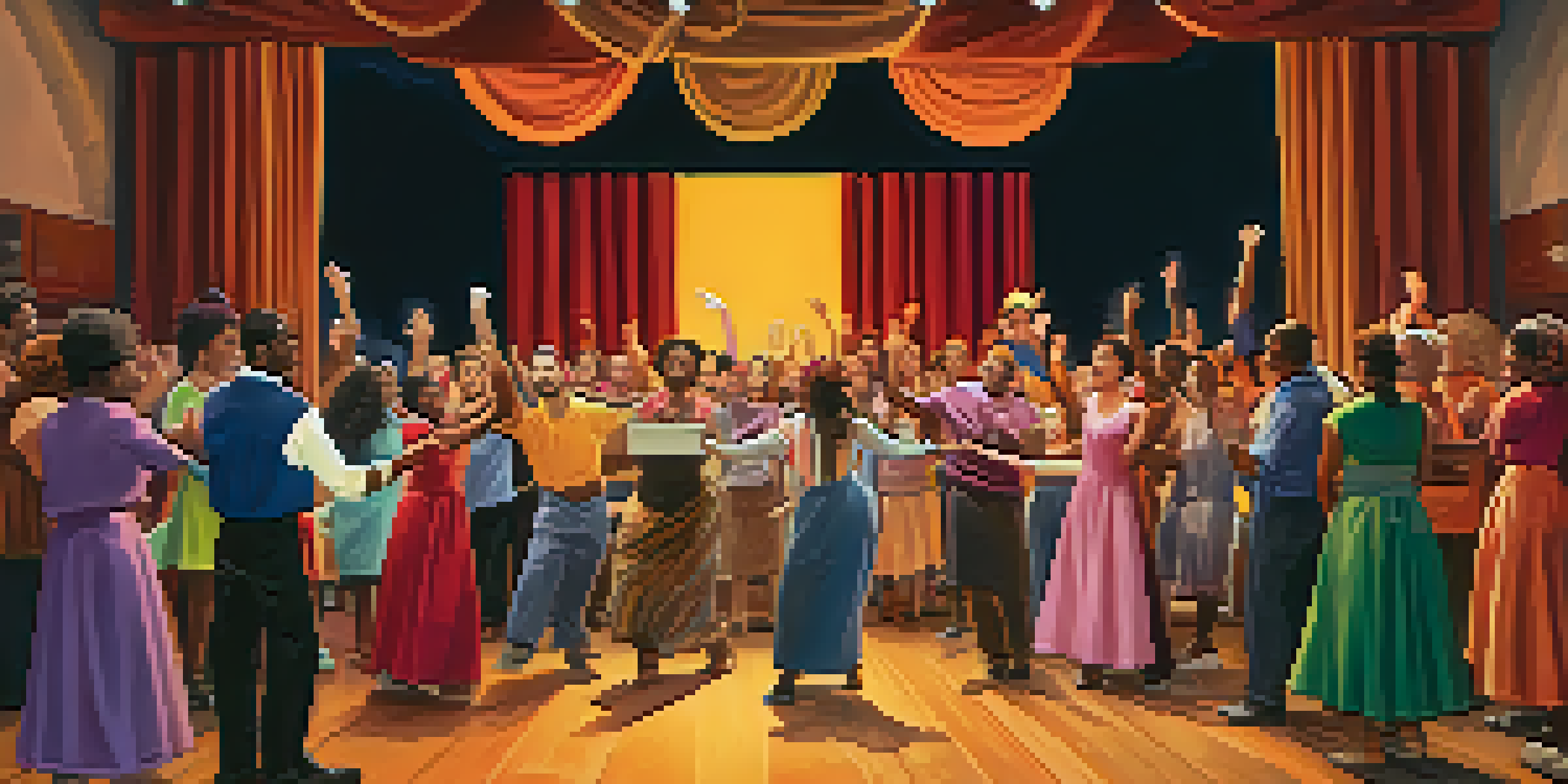 A lively community theater rehearsal with diverse actors on stage, colorful backdrops, and an engaged audience clapping.