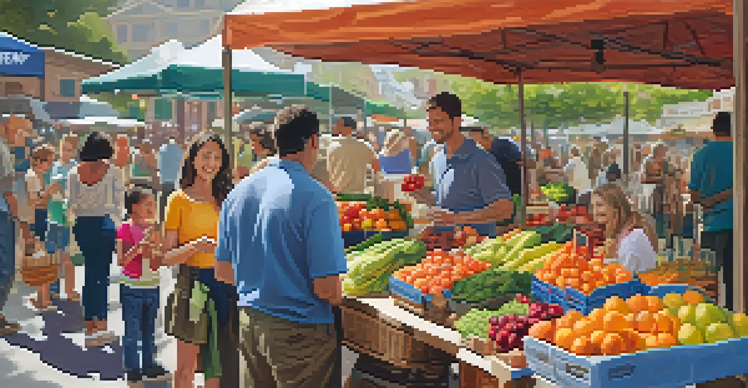 A family at a farmer's market, with children tasting fruits and parents interacting with a vendor, surrounded by colorful stalls filled with fresh produce and handmade products.