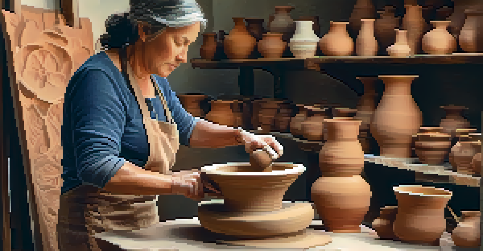 An artisan potter working on a wheel, shaping clay at a craft fair, surrounded by beautifully crafted pottery under warm lighting.