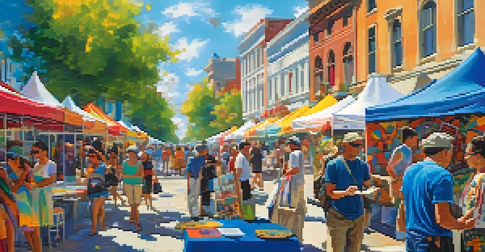 A lively arts festival with artists and visitors, colorful paintings and sculptures on display, and banners in a bright park setting.