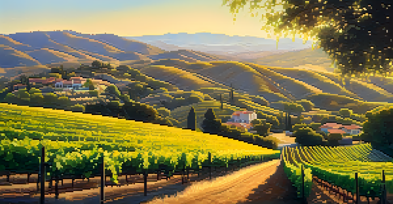 Rolling hills of grapevines in Santa Barbara's wine country, with a winery in the background under a warm sun.