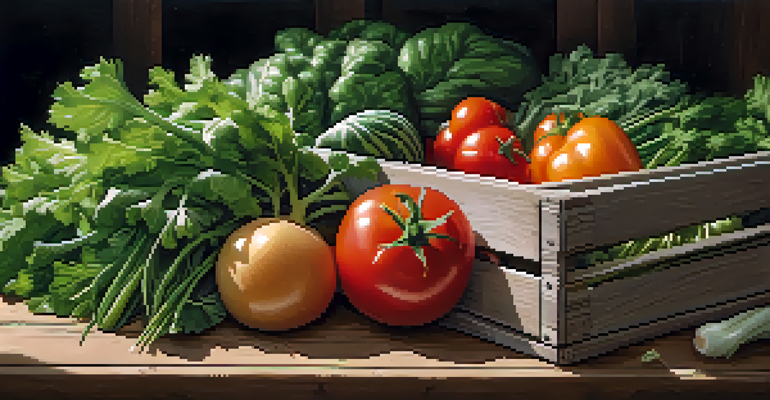 Close-up of a wooden crate filled with fresh vegetables, highlighting their textures and colors.