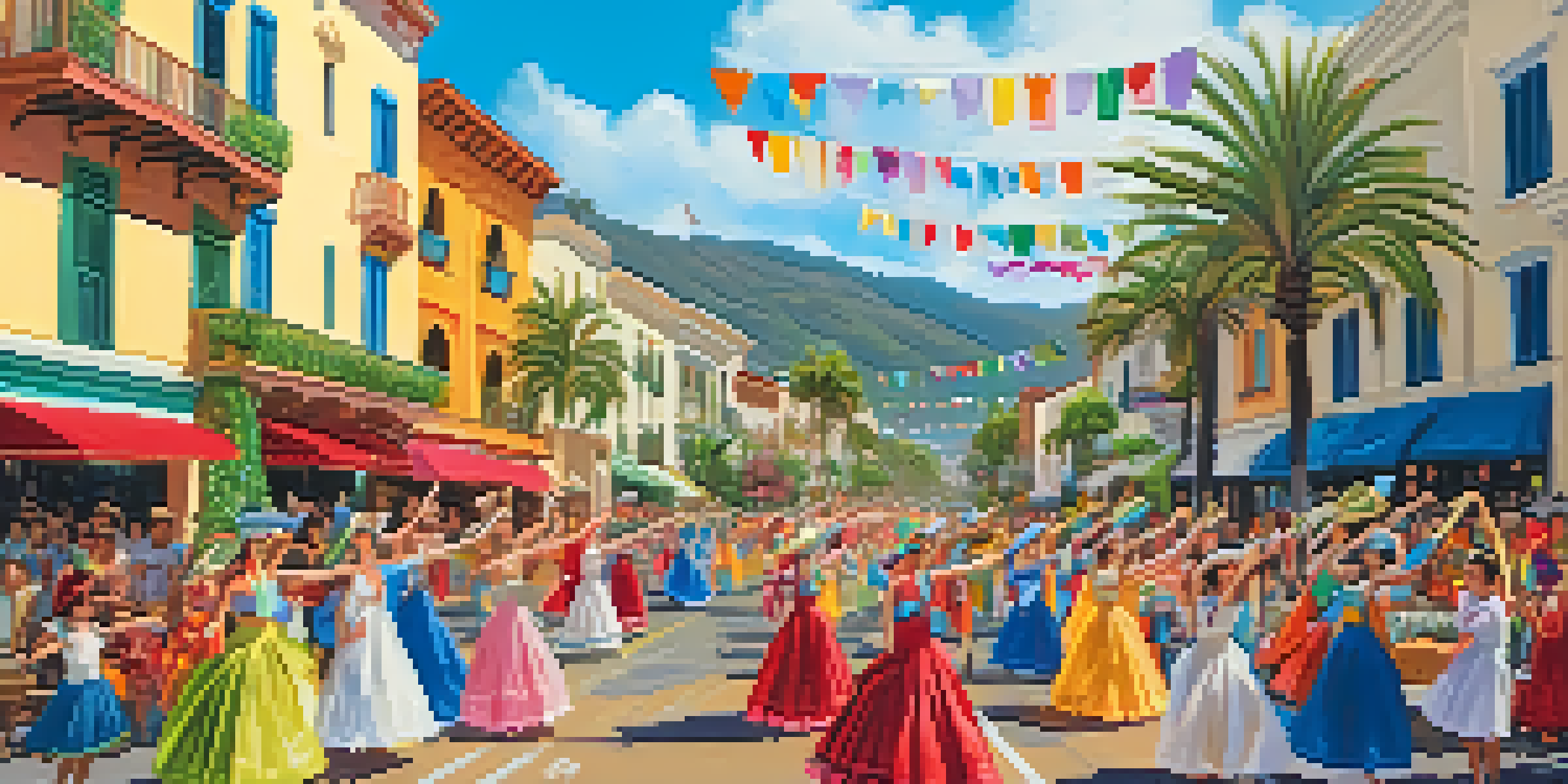 A lively street scene filled with colorful floats and people in traditional costumes celebrating the Santa Barbara Summer Solstice Parade.