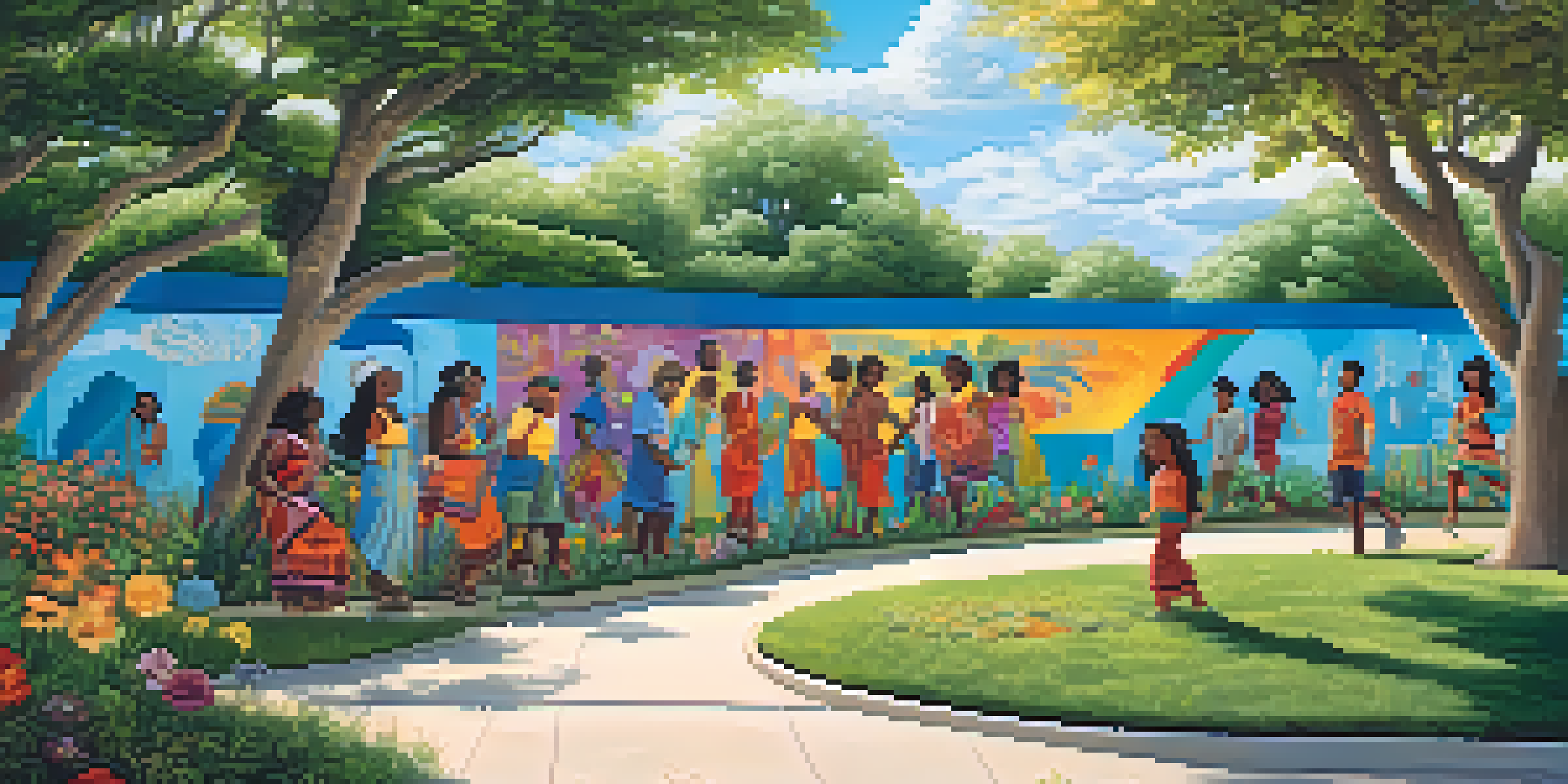 A colorful mural shows a diverse community engaged in activities, surrounded by green trees and flowers under a bright blue sky.
