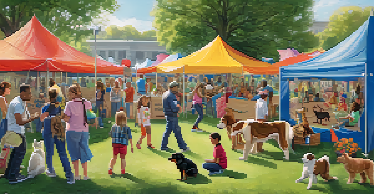 A lively community event in a park with families adopting rescue animals, surrounded by colorful tents and banners.