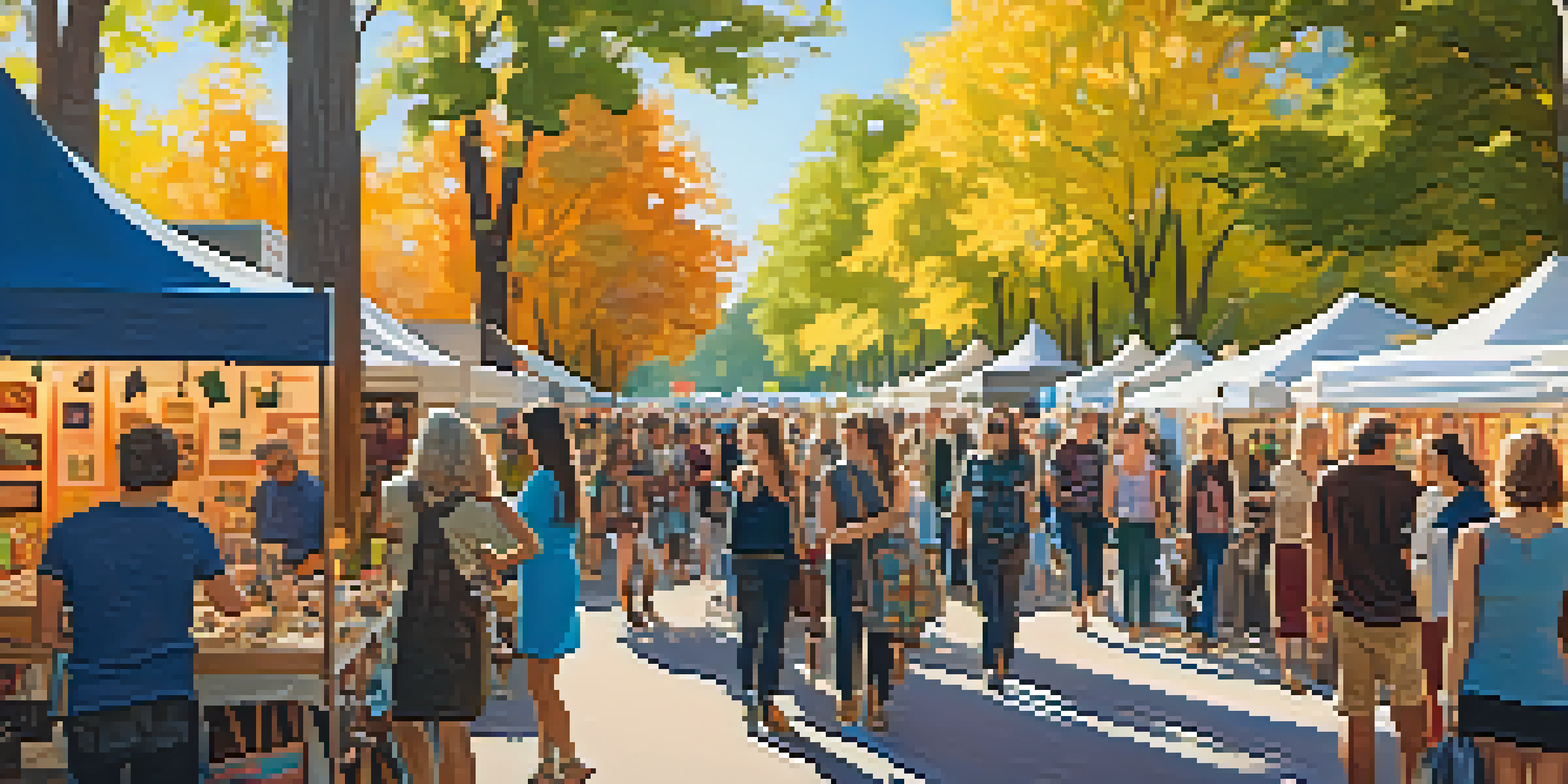 A bustling craft fair with colorful artisan booths and people shopping and interacting.