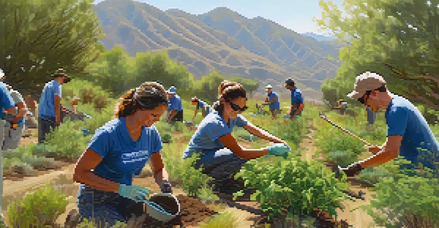 Volunteers planting trees in a vibrant habitat restoration area with mountains in the background.