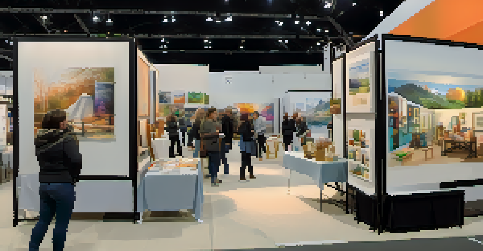 A hybrid craft fair with physical and virtual booths, where attendees engage with both in-person and online artisans.