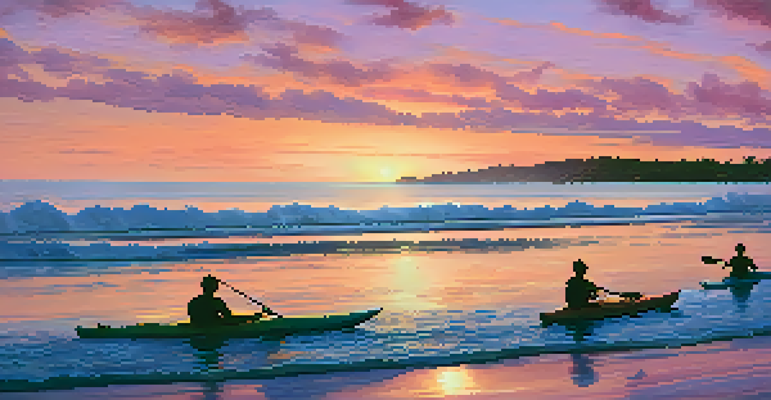 A stunning sunset at Butterfly Beach with kayakers silhouetted against vibrant colors and dolphins jumping in the background.