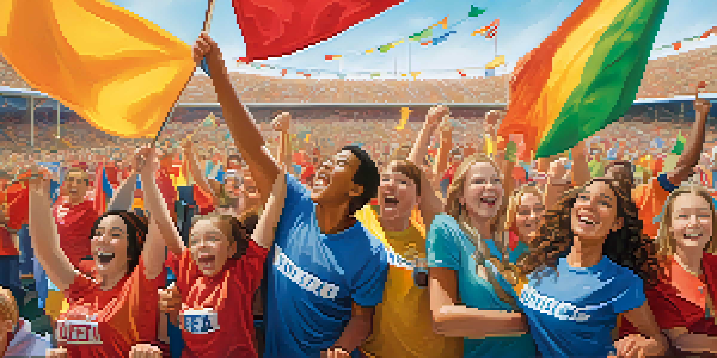 A diverse group of fans cheering in a packed local stadium, wearing team colors and celebrating together under a bright blue sky.