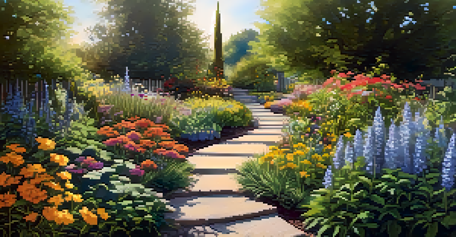 A pathway through a pollinator garden, lined with flowers and a natural seating area, bathed in warm sunlight.