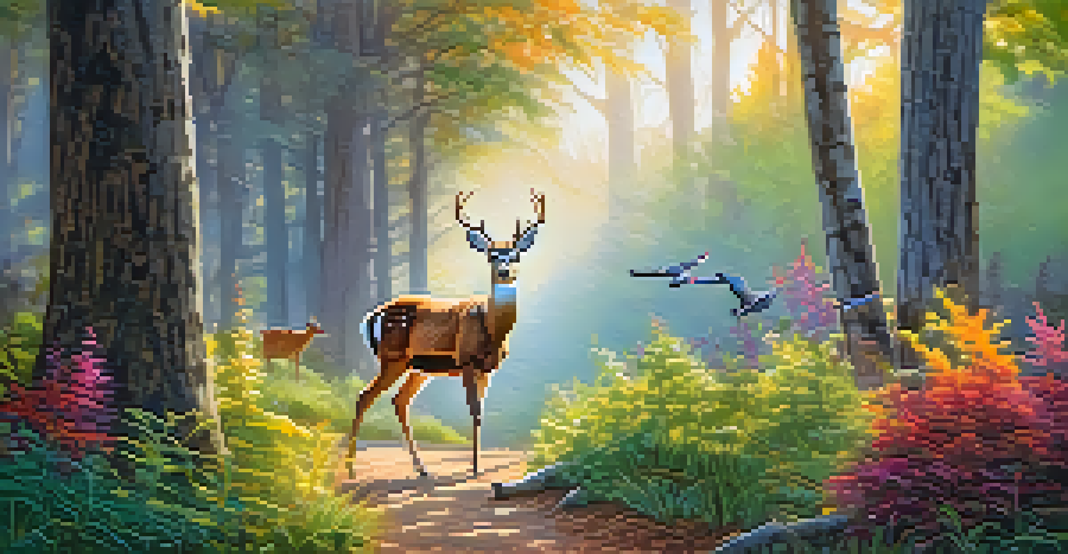 A deer observing from the trees on a nature trail with colorful birds in a natural setting illuminated by morning light.