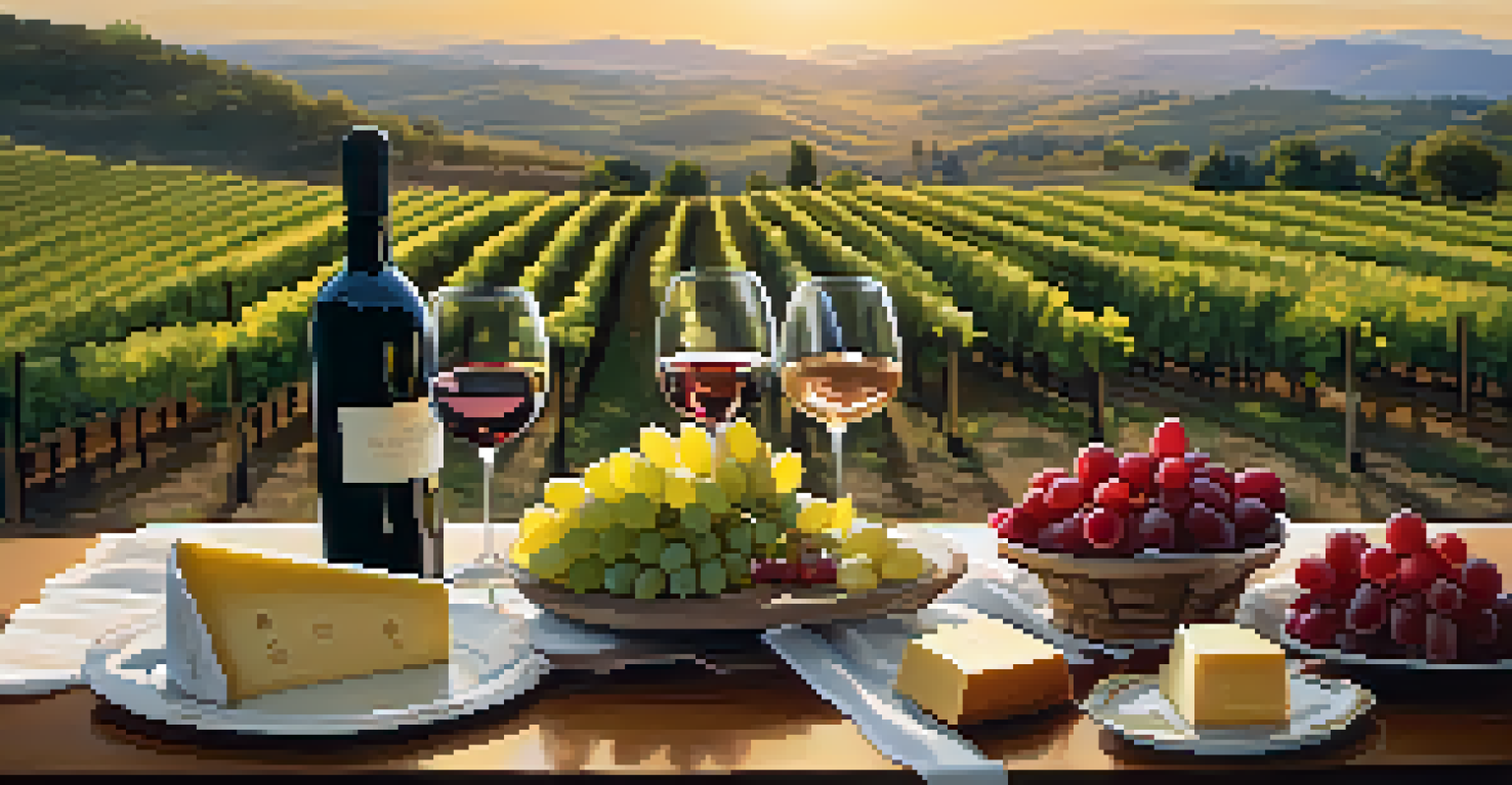 A cozy wine tasting setup with glasses of wine and a platter of cheese and fruit, overlooking a vineyard at sunset.