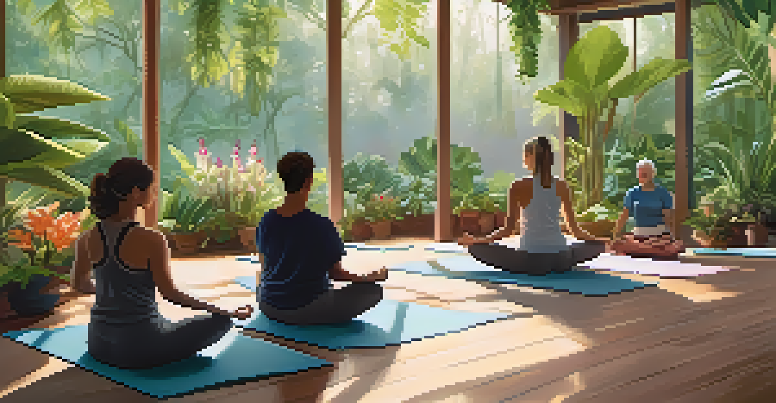 A yoga class in a botanical garden with participants practicing restorative poses among exotic plants and colorful flowers.