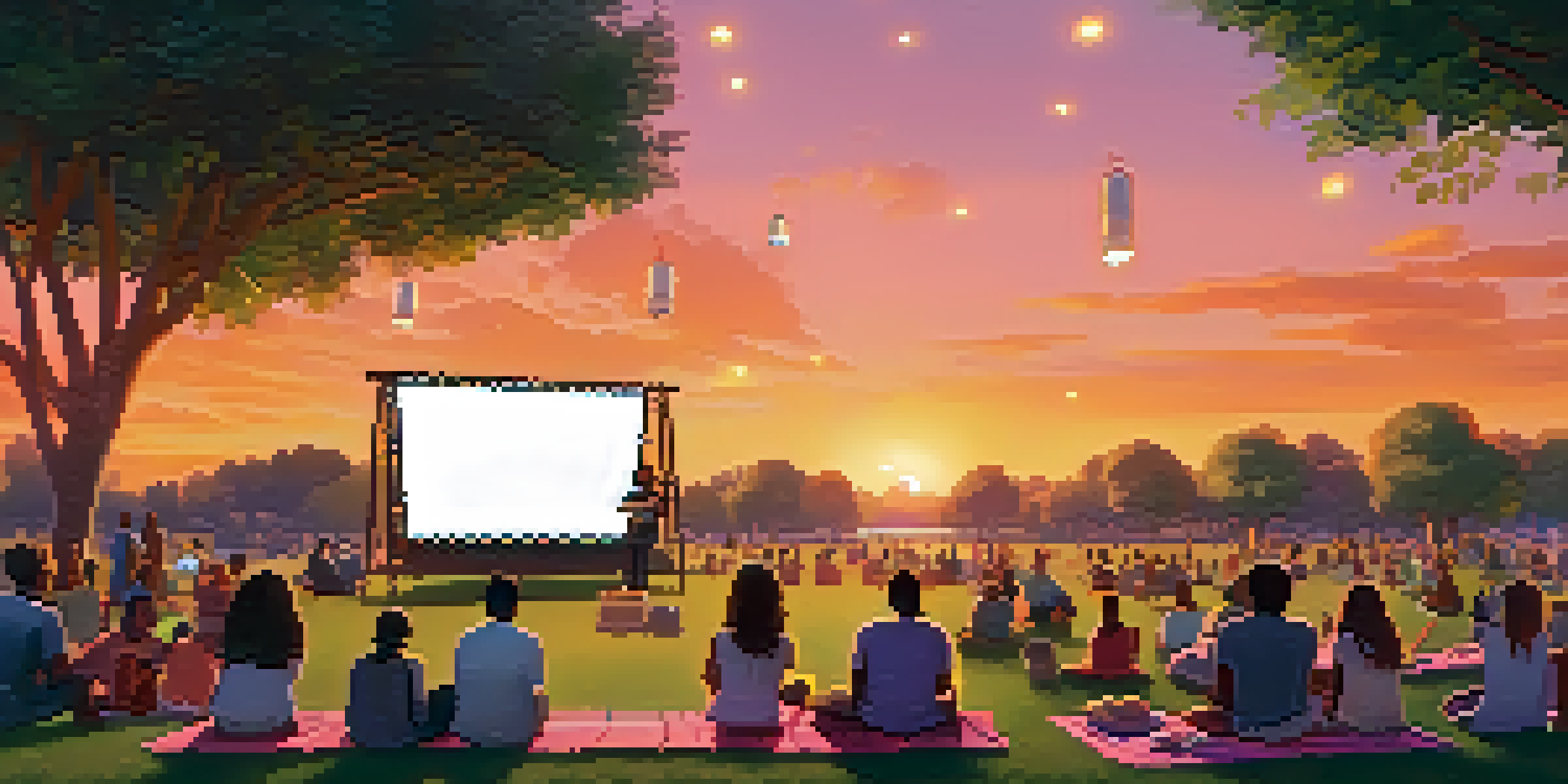 A community gathering in a park for a film screening, featuring diverse people on picnic blankets with a large screen showing a film and a sunset sky.