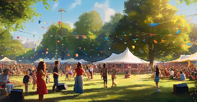 A vibrant scene of a local music festival in a park with diverse attendees, food stalls, and musicians performing on stage under golden sunlight.