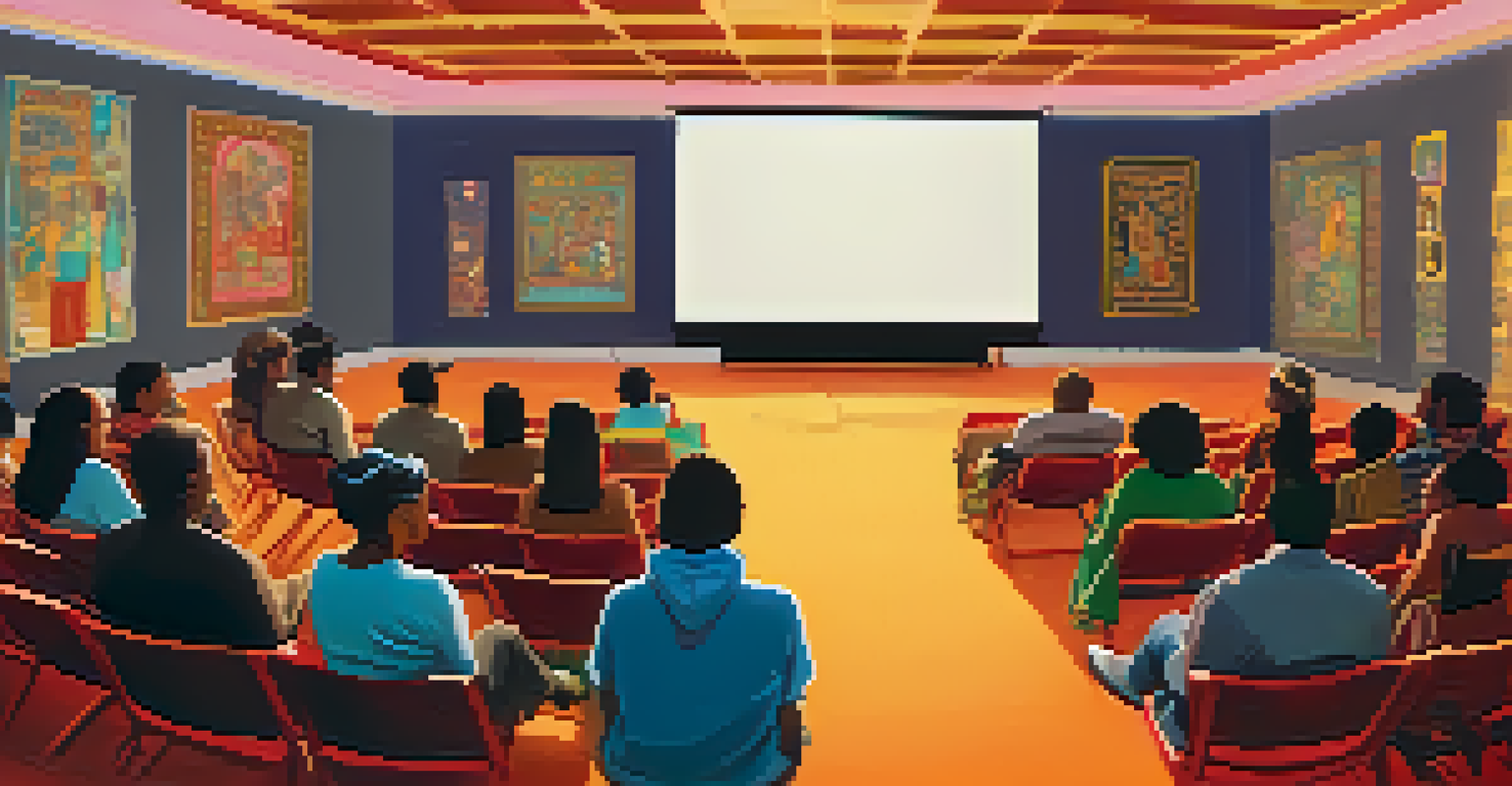 An indoor cultural film screening featuring a diverse audience and a panel of speakers discussing the film, with warm lighting and cultural decorations.