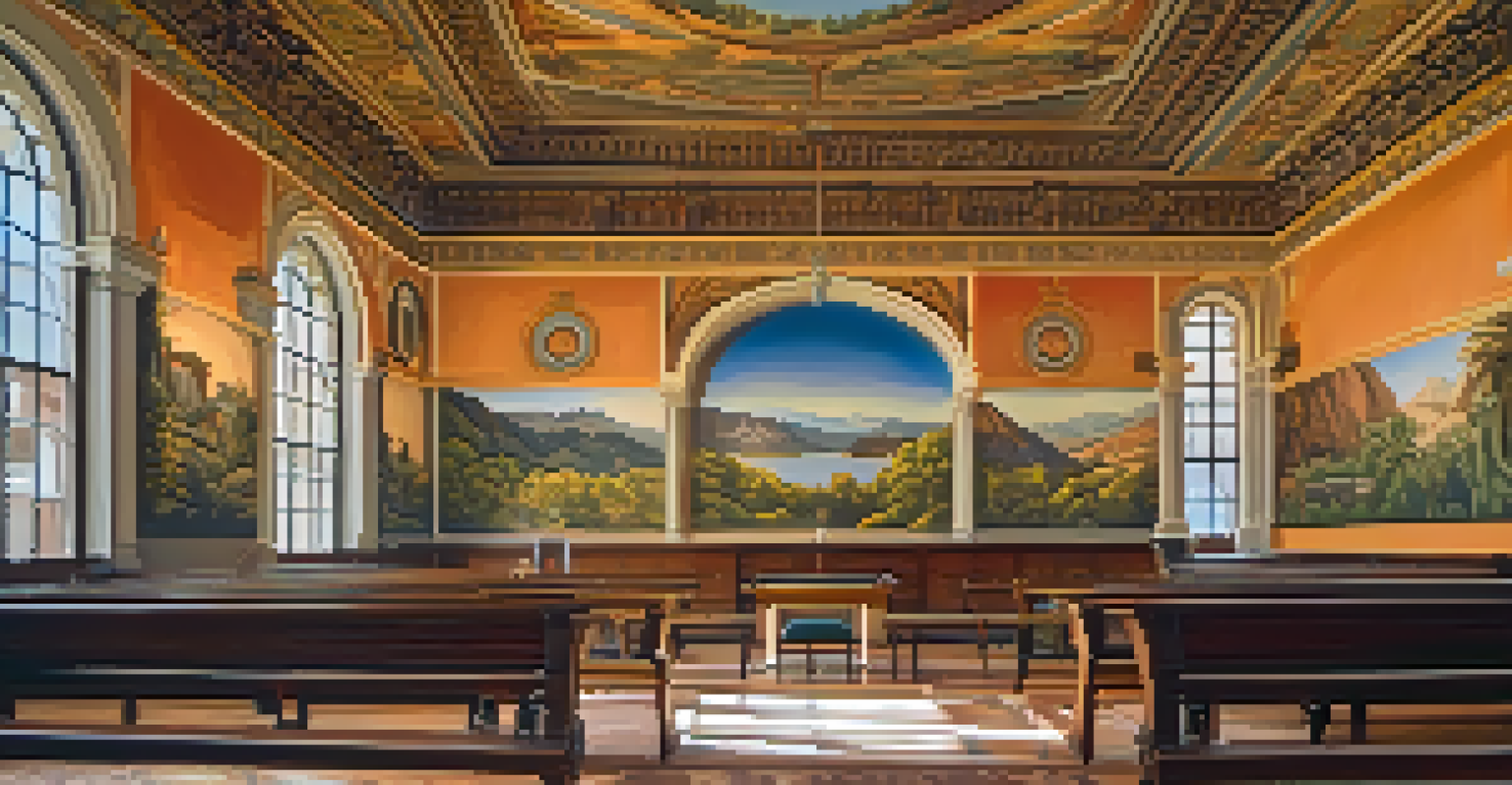 Interior view of the Mural Room in Santa Barbara Courthouse showcasing historical murals and ornate architecture.