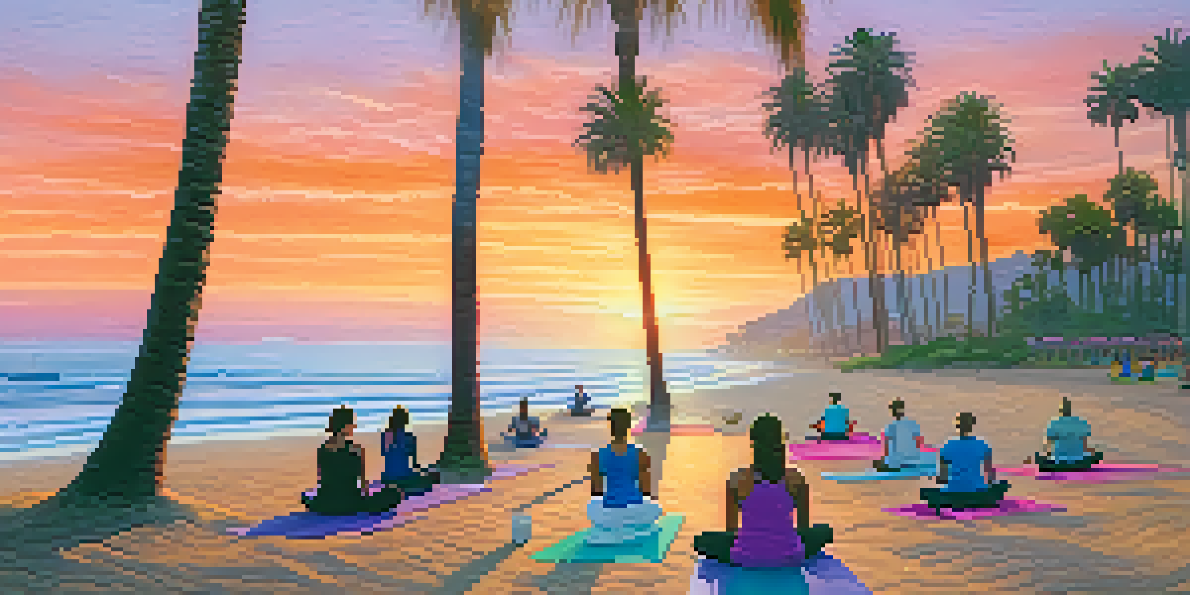 Group of people practicing yoga on the beach at sunset in Santa Barbara, with colorful skies and gentle ocean waves.