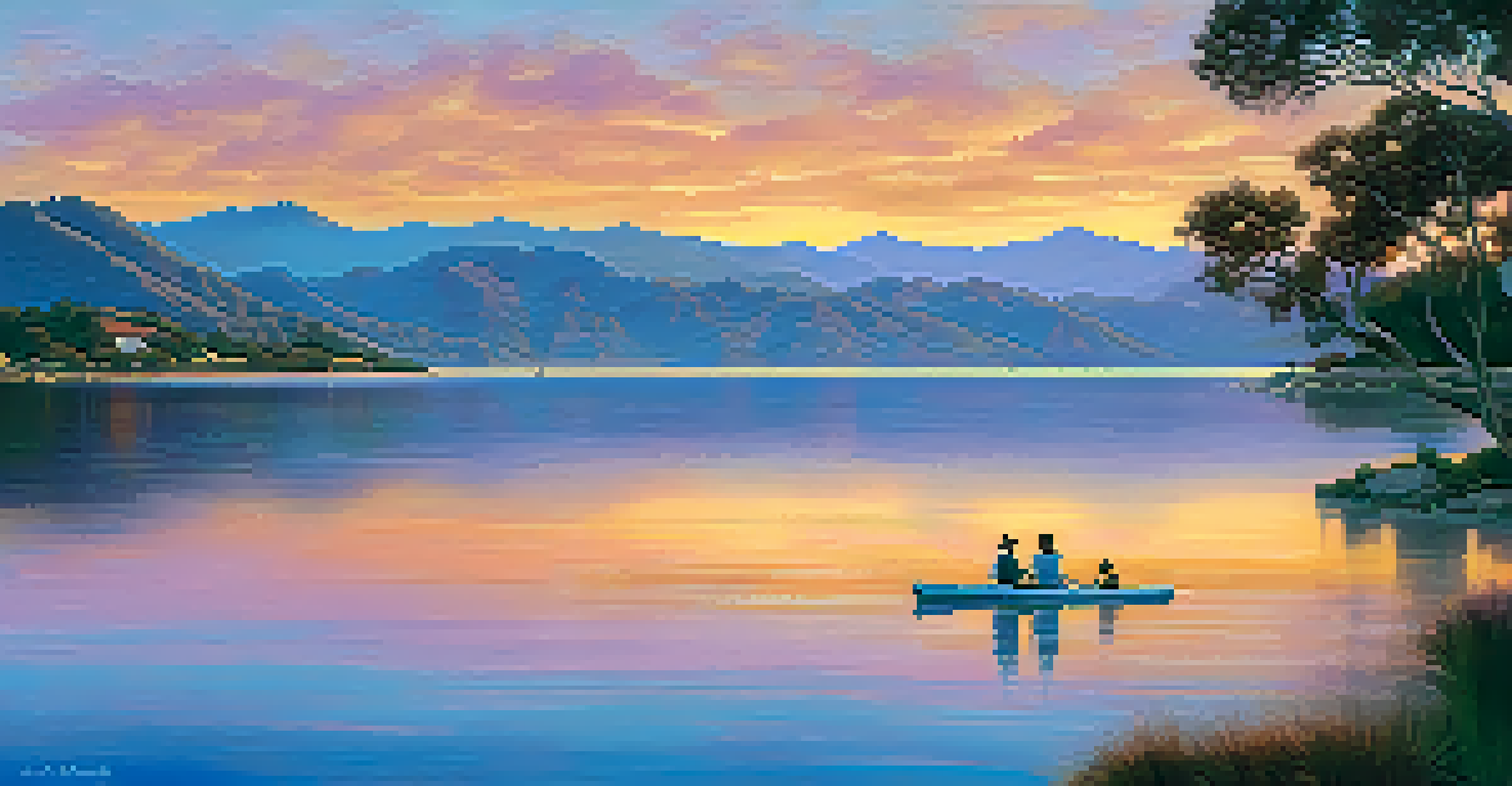A stunning sunset over Lake Cachuma, with reflections on the water and a family walking along the shore.