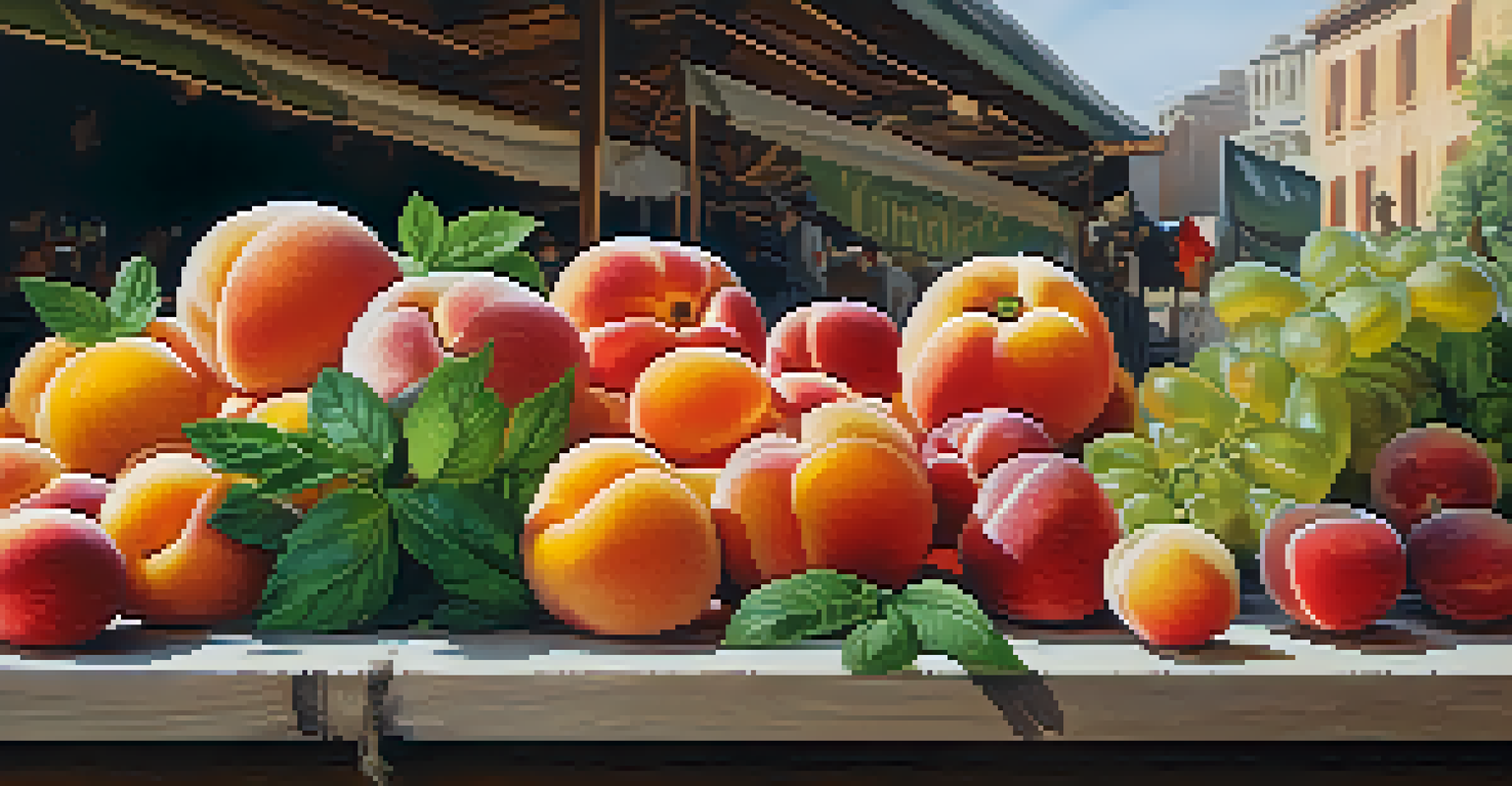 A close-up view of fresh seasonal fruits and vegetables on a wooden table.