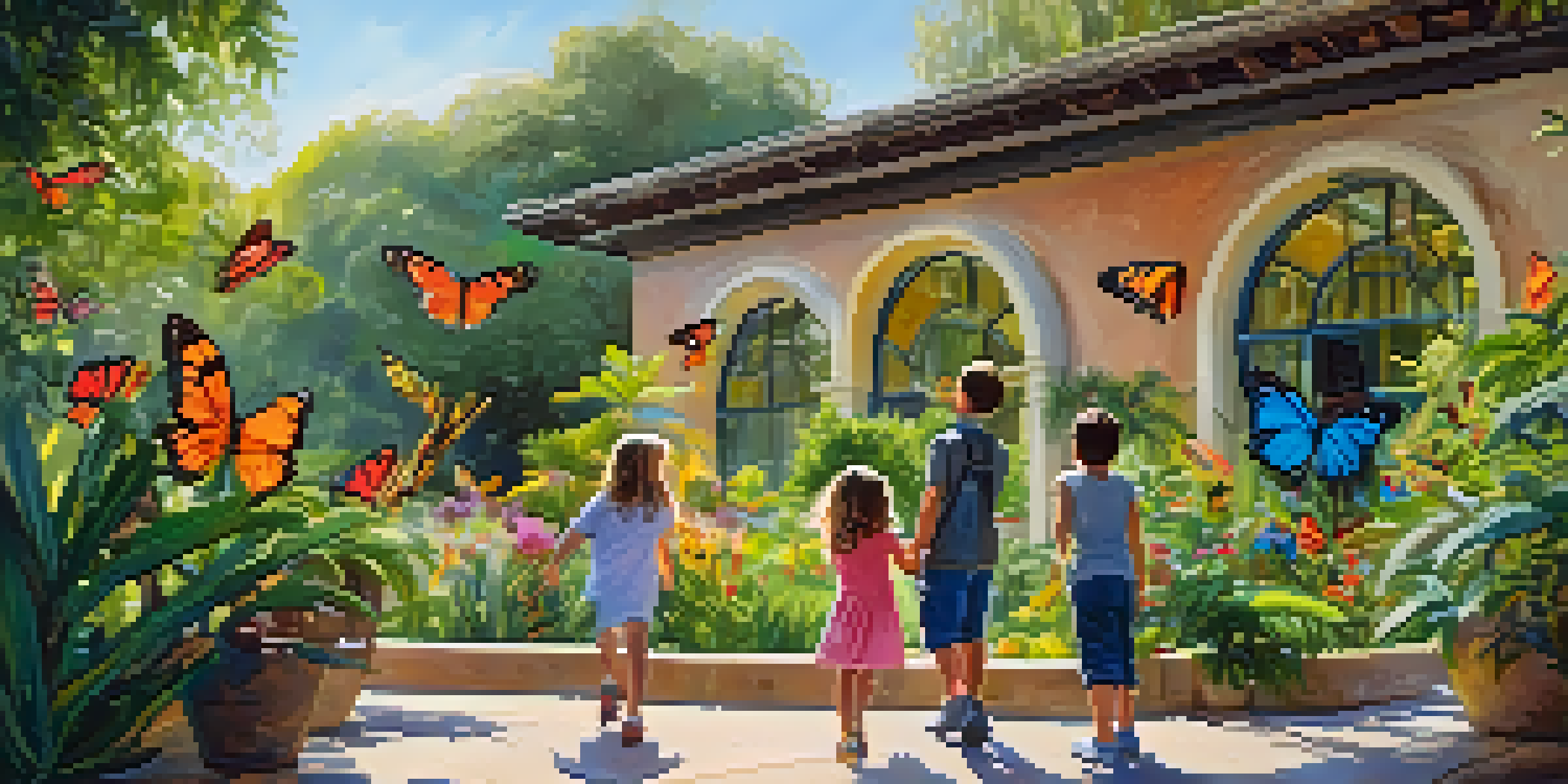 A family in a butterfly garden at the Santa Barbara Museum of Natural History, surrounded by colorful butterflies and lush greenery.