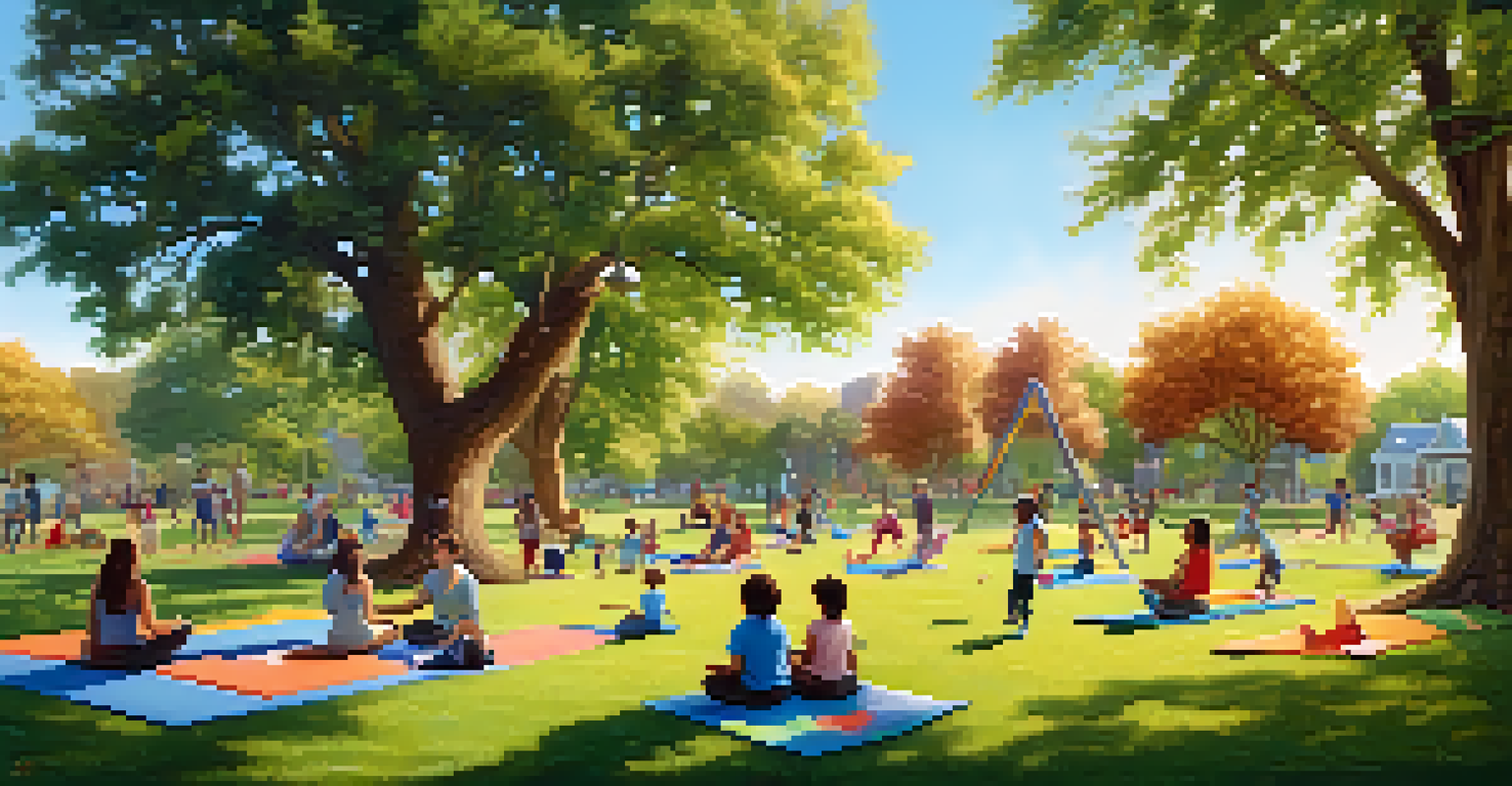 A vibrant community park with children playing on a playground, adults in a yoga class, and a family having a picnic under an oak tree.
