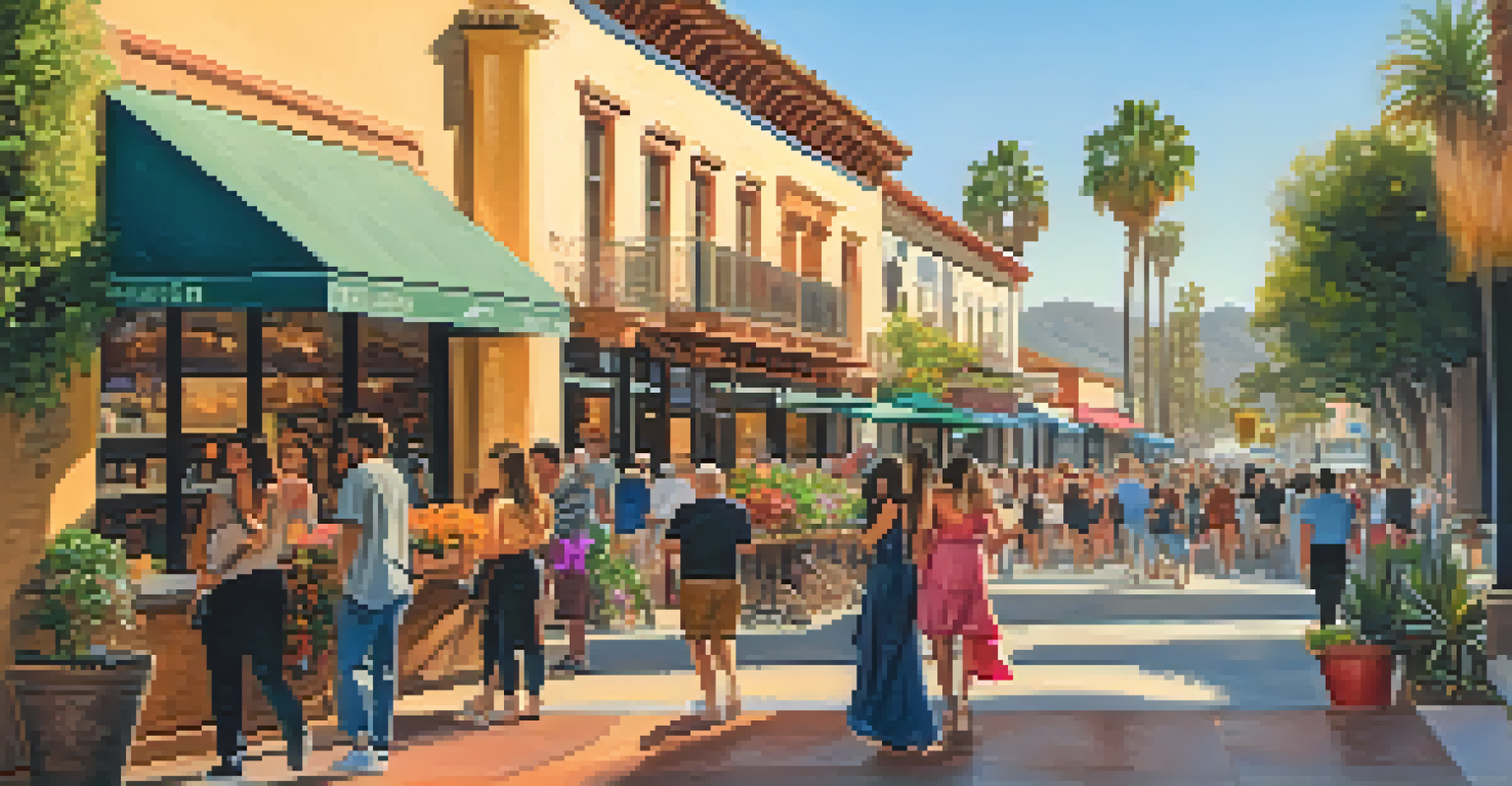 A lively street scene with Spanish-style buildings, people walking, and street performers at sunset.