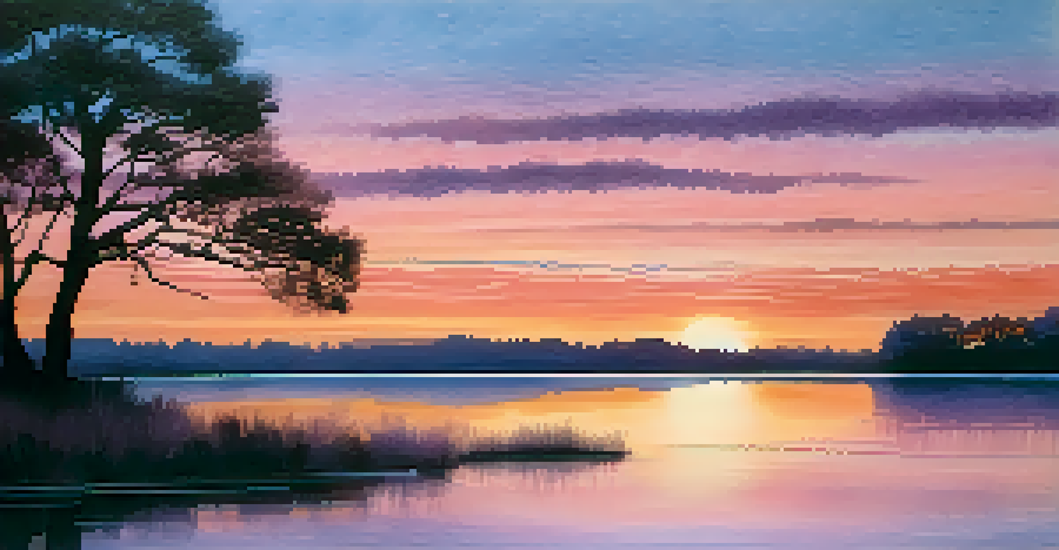 A tranquil watercolor landscape of a sunset with trees in silhouette and a reflective body of water, showcasing advanced glazing techniques.